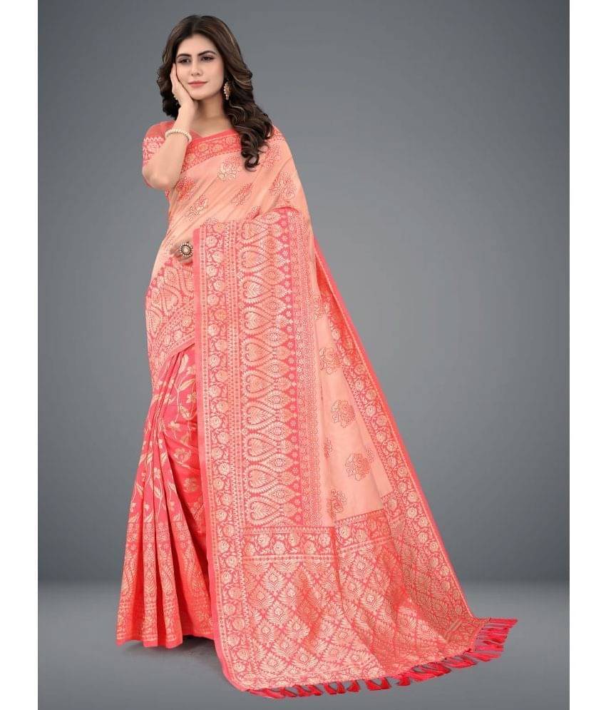     			Om Shantam Sarees Banarasi Silk Woven Saree With Unstitched Blouse Piece ( Pink )