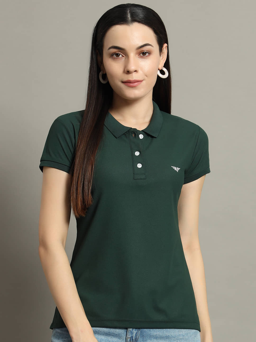 Riss Women Cotton Blend Solid Regular Fit Polo Collar T-Shirt ( Bottle Green )