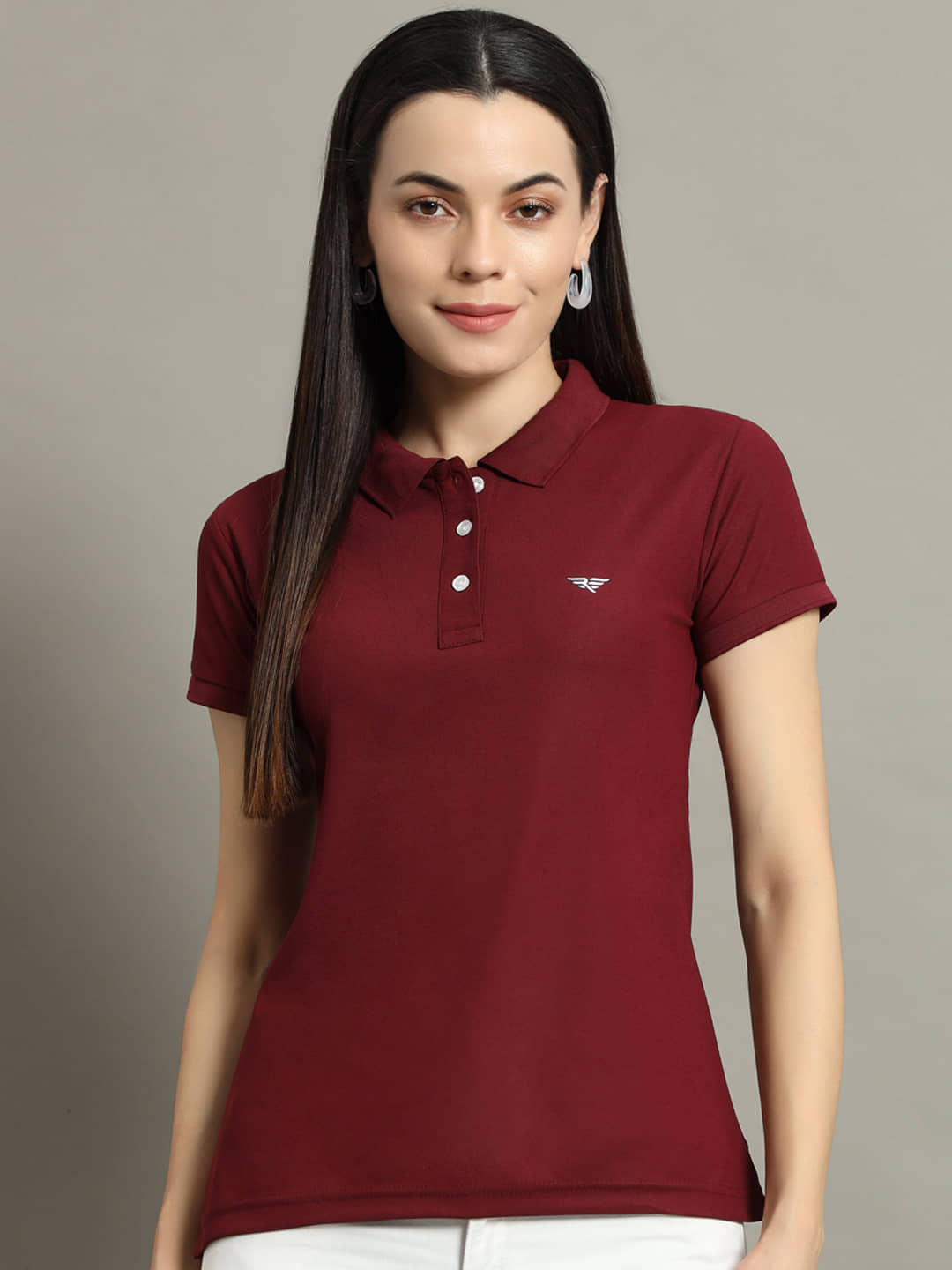 Riss Women Cotton Blend Solid Regular Fit Polo Collar T-Shirt ( Maroon )
