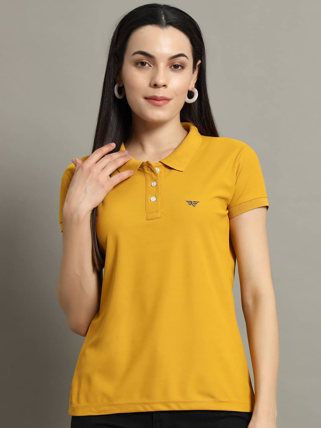 Riss Women Cotton Blend Solid Regular Fit Polo Collar T-Shirt ( Mustard )