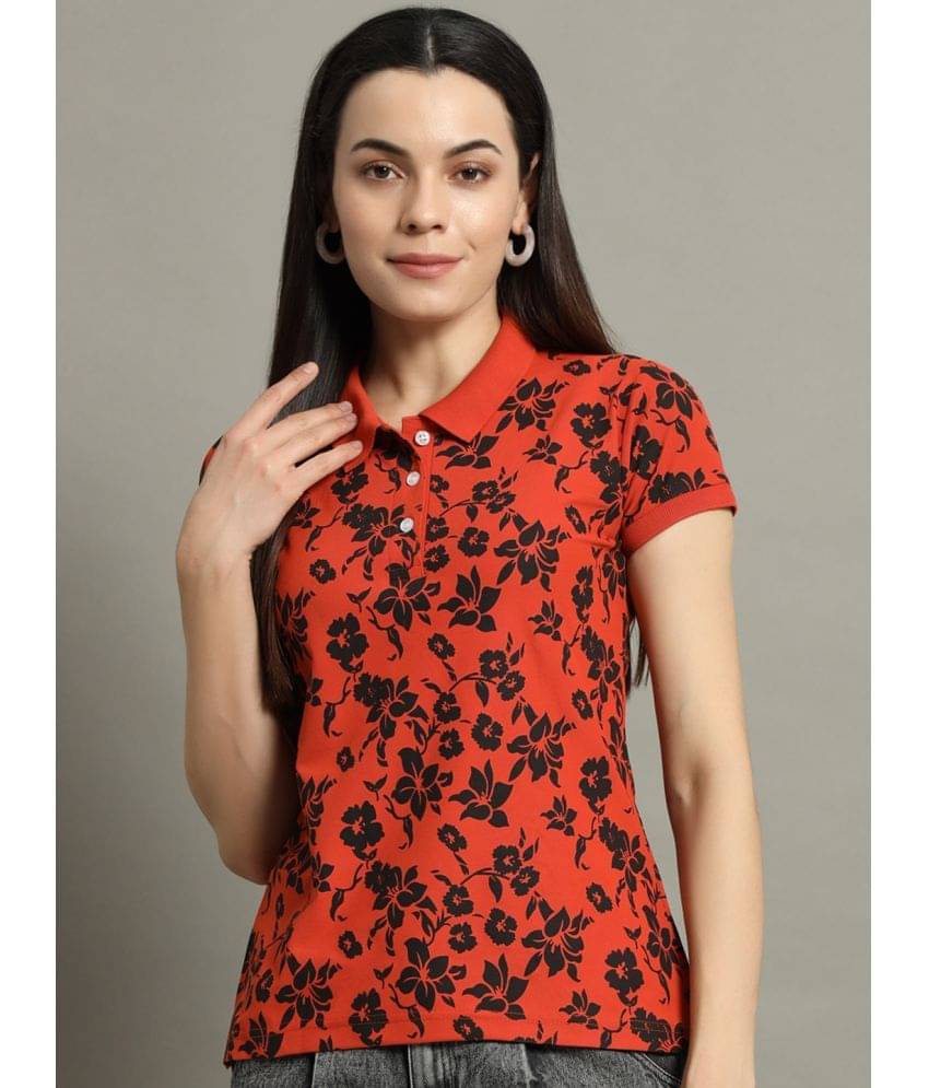     			Riss Women Cotton Blend Printed Regular Fit Polo Collar T-Shirt ( Rust )