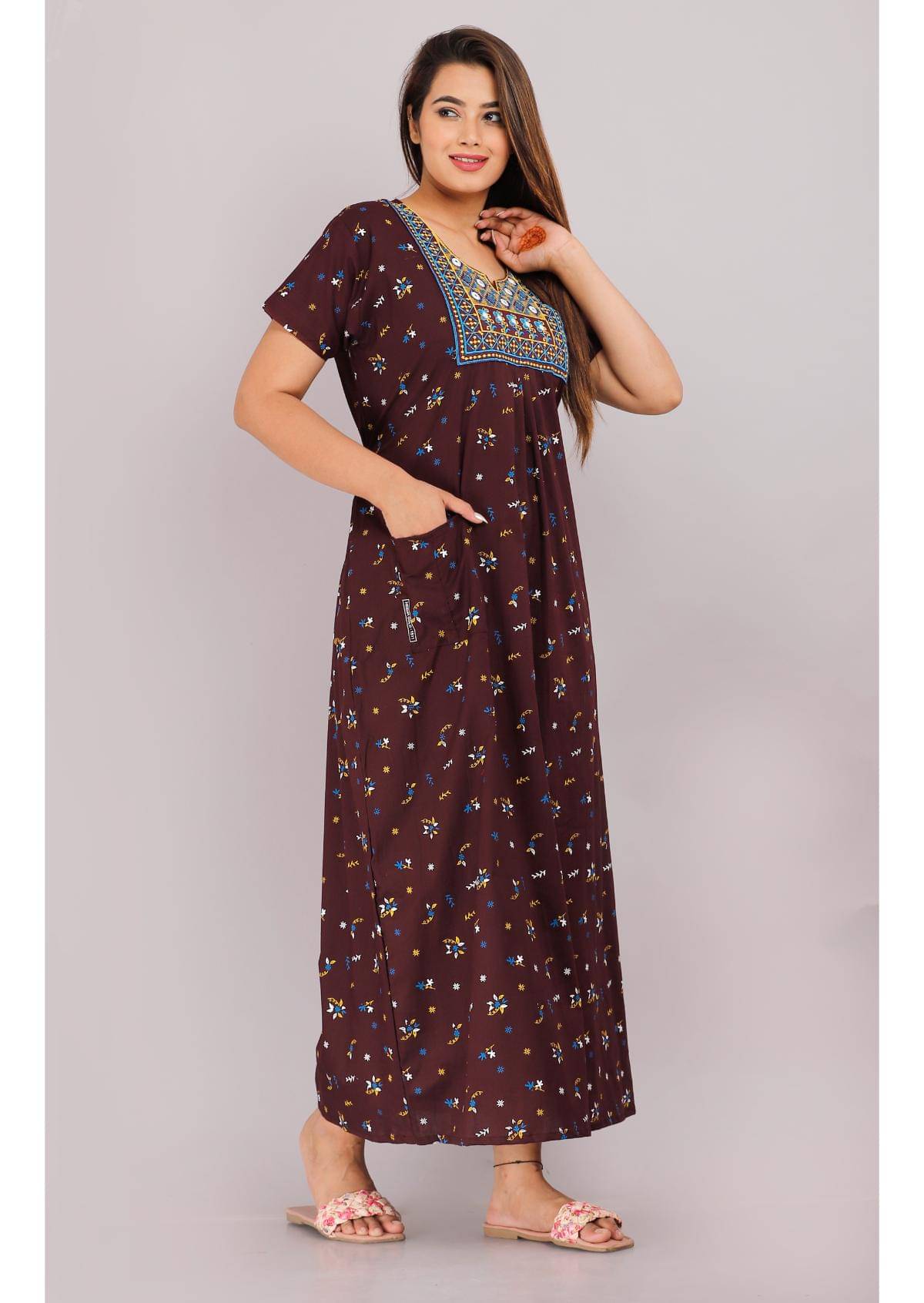     			Shri Krishna Fabric Brown Cotton Women's Nightwear Nighty & Night Gowns ( Pack of 1 )