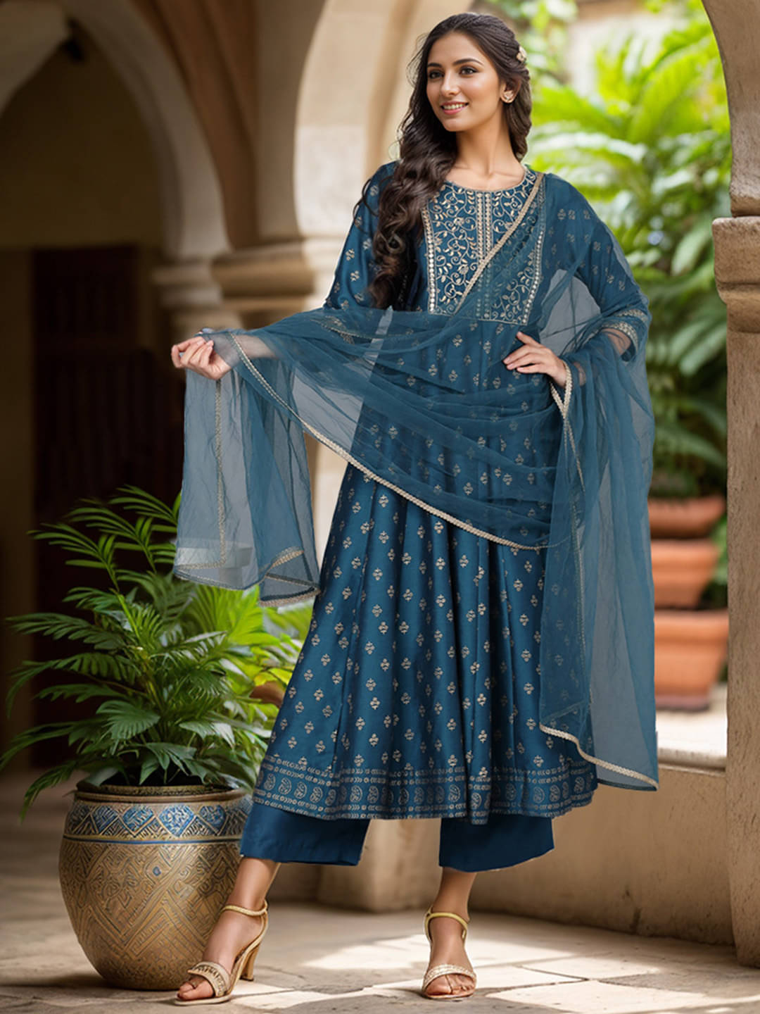     			Vaamsi Silk Blend Embroidered Kurti With Palazzo Women's Stitched Salwar Suit - Blue ( Pack of 1 )