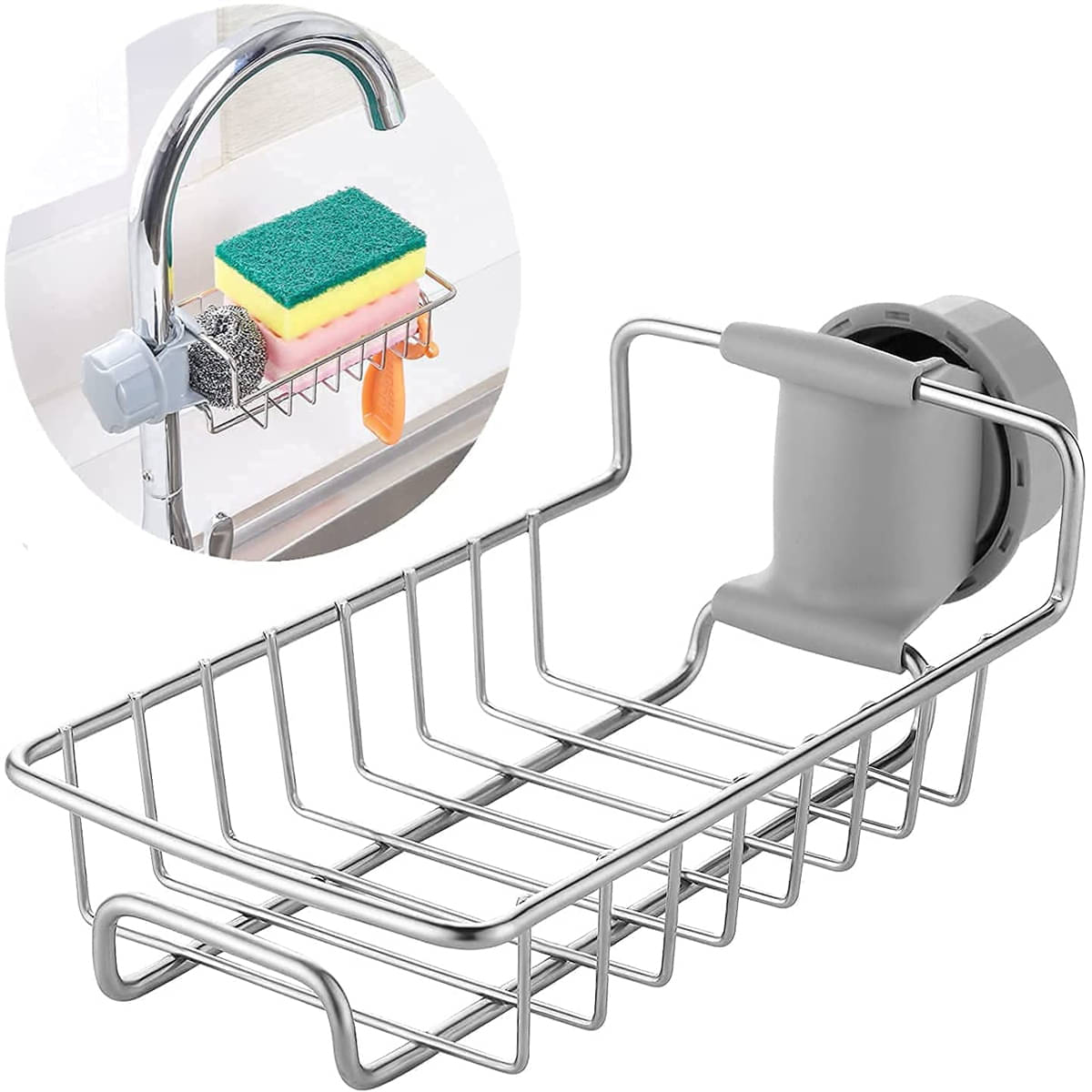     			GEEO Kitchen Sink Faucet Sponge Holder Caddy organizer over, stainless steel heavy duty thickening hanging drain rack for scrubbers, sop, bathroom, detachable no suction cup bathroom sop holder