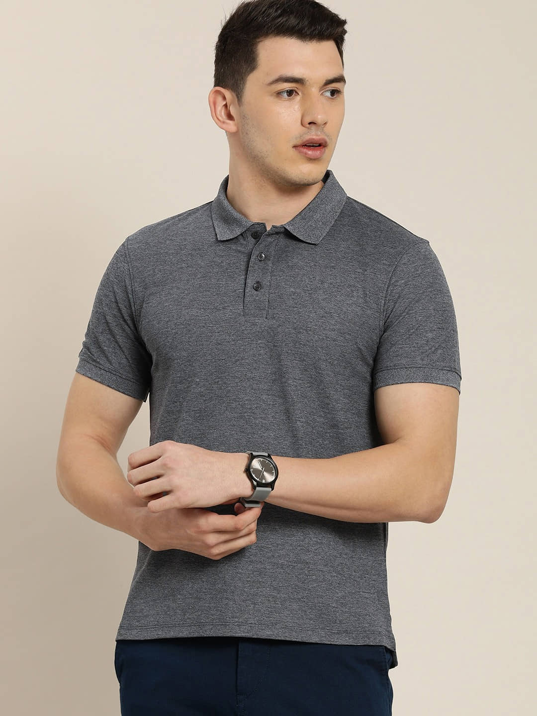 GET GOLF Pack of 1 Cotton Blend Regular Fit Self Design Half Sleeves Men's Polo T Shirt ( Charcoal )