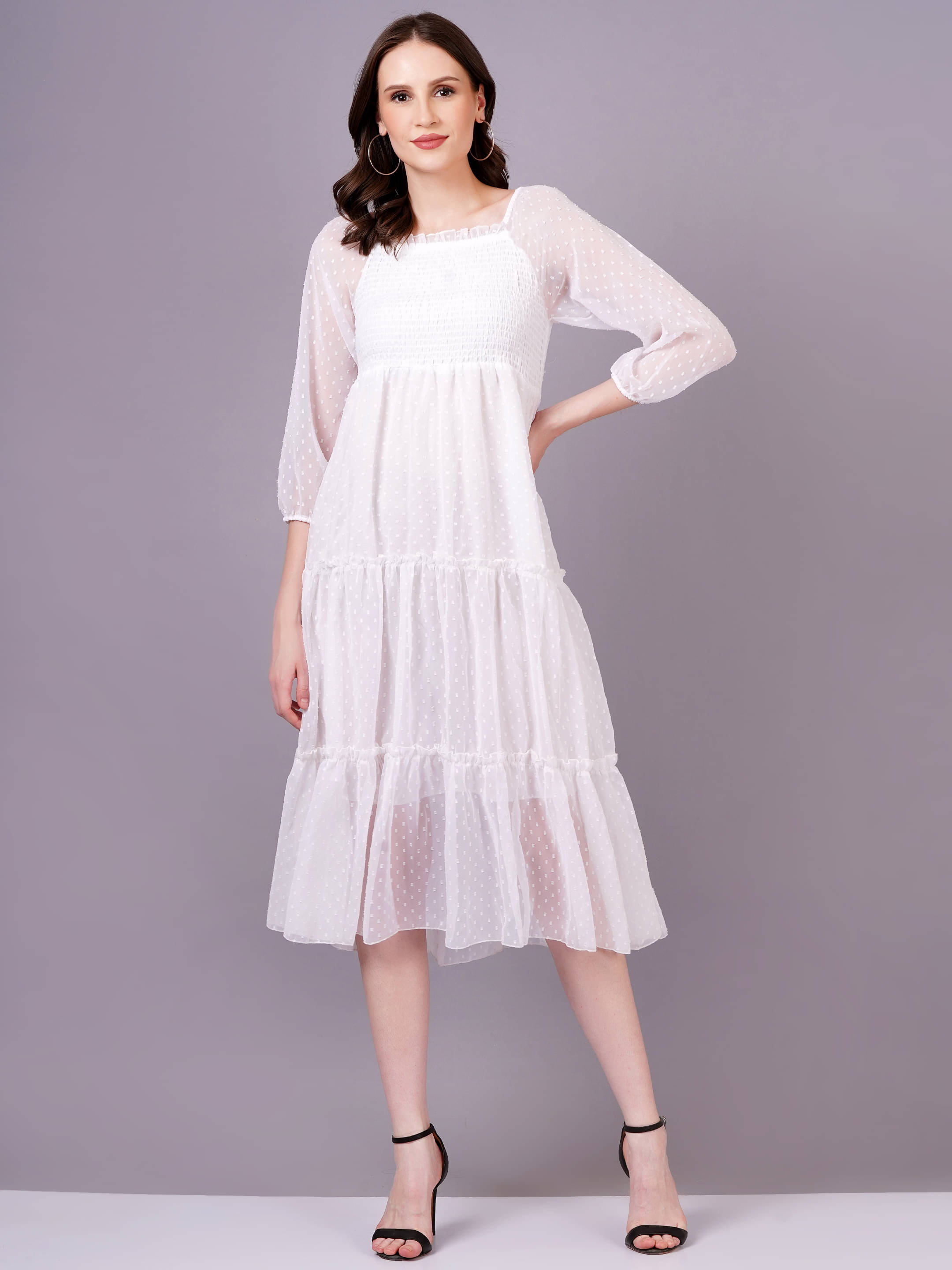HIGHLIGHT FASHION EXPORT Women Georgette Self Design Fit & Flare Dress ( White ) HIGHLIGHT FASHION EXPORT Women Georgette Self Design Fit & Flare Dress ( White )