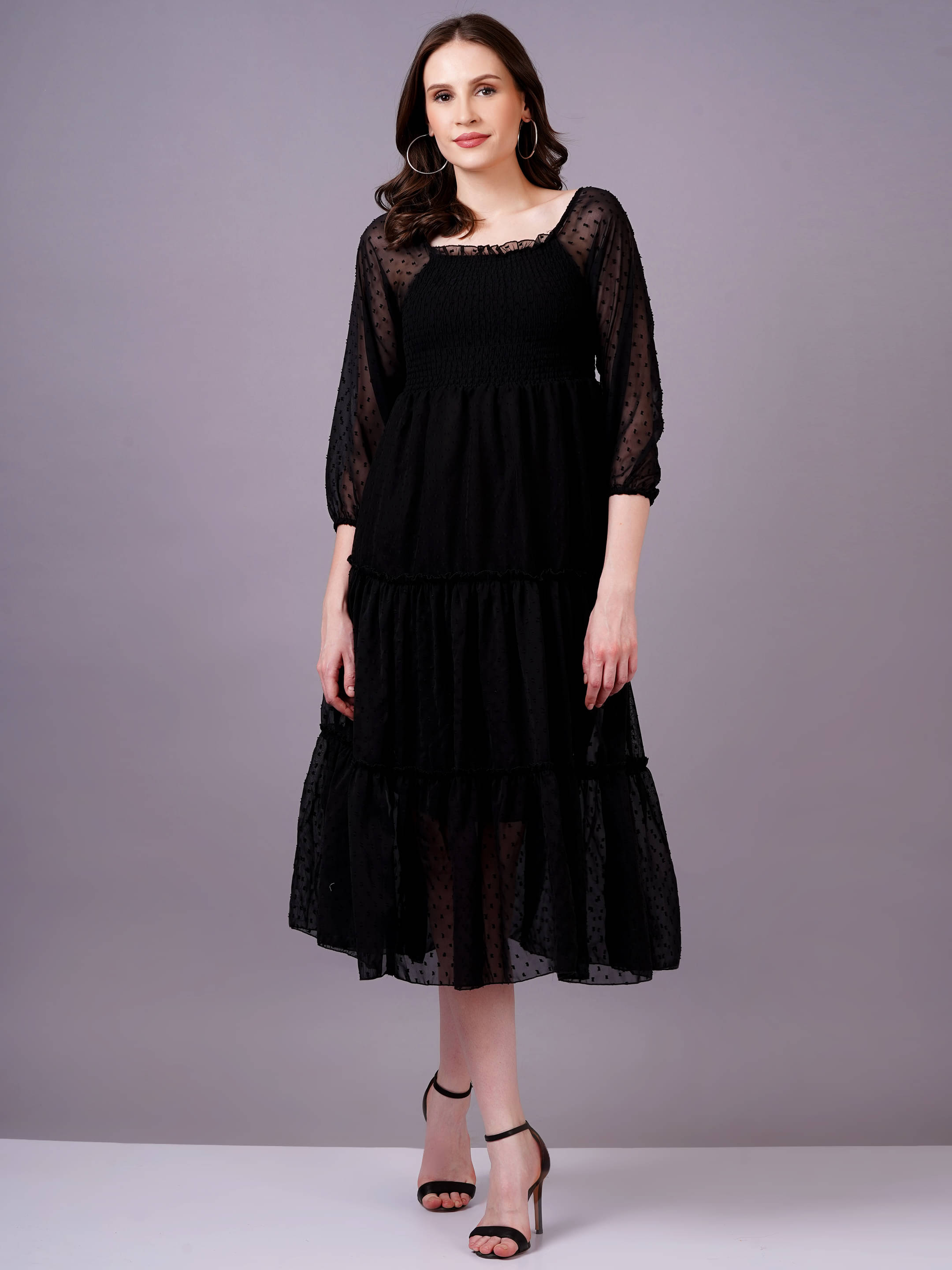 HIGHLIGHT FASHION EXPORT Women Georgette Self Design Fit & Flare Dress ( Black )     			HIGHLIGHT FASHION EXPORT Women Georgette Self Design Fit & Flare Dress ( Black )