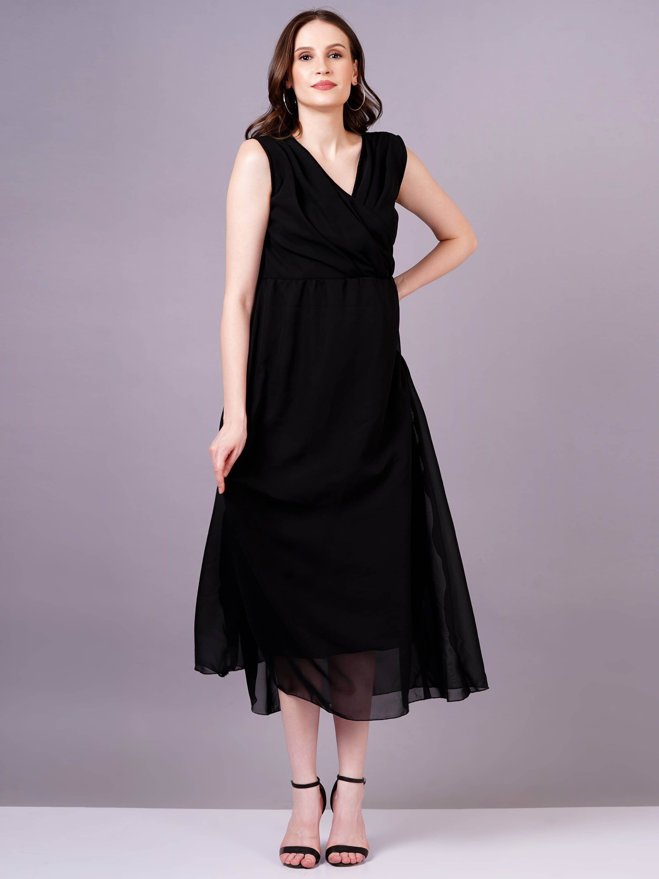 HIGHLIGHT FASHION EXPORT Women Georgette Solid A-line Dress ( Black ) HIGHLIGHT FASHION EXPORT Women Georgette Solid A-line Dress ( Black )