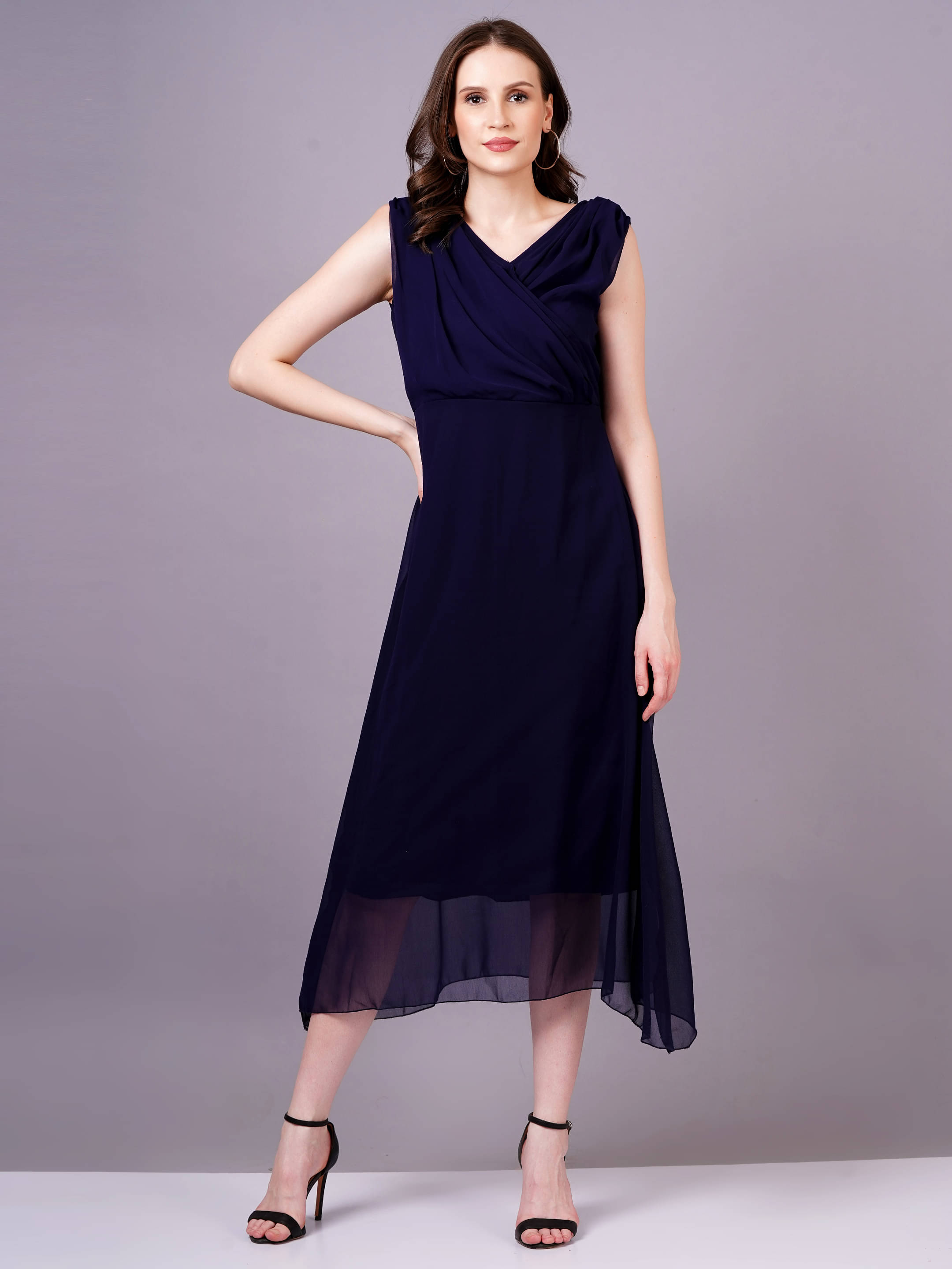 HIGHLIGHT FASHION EXPORT Women Georgette Solid A-line Dress ( Navy )     			HIGHLIGHT FASHION EXPORT Women Georgette Solid A-line Dress ( Navy )