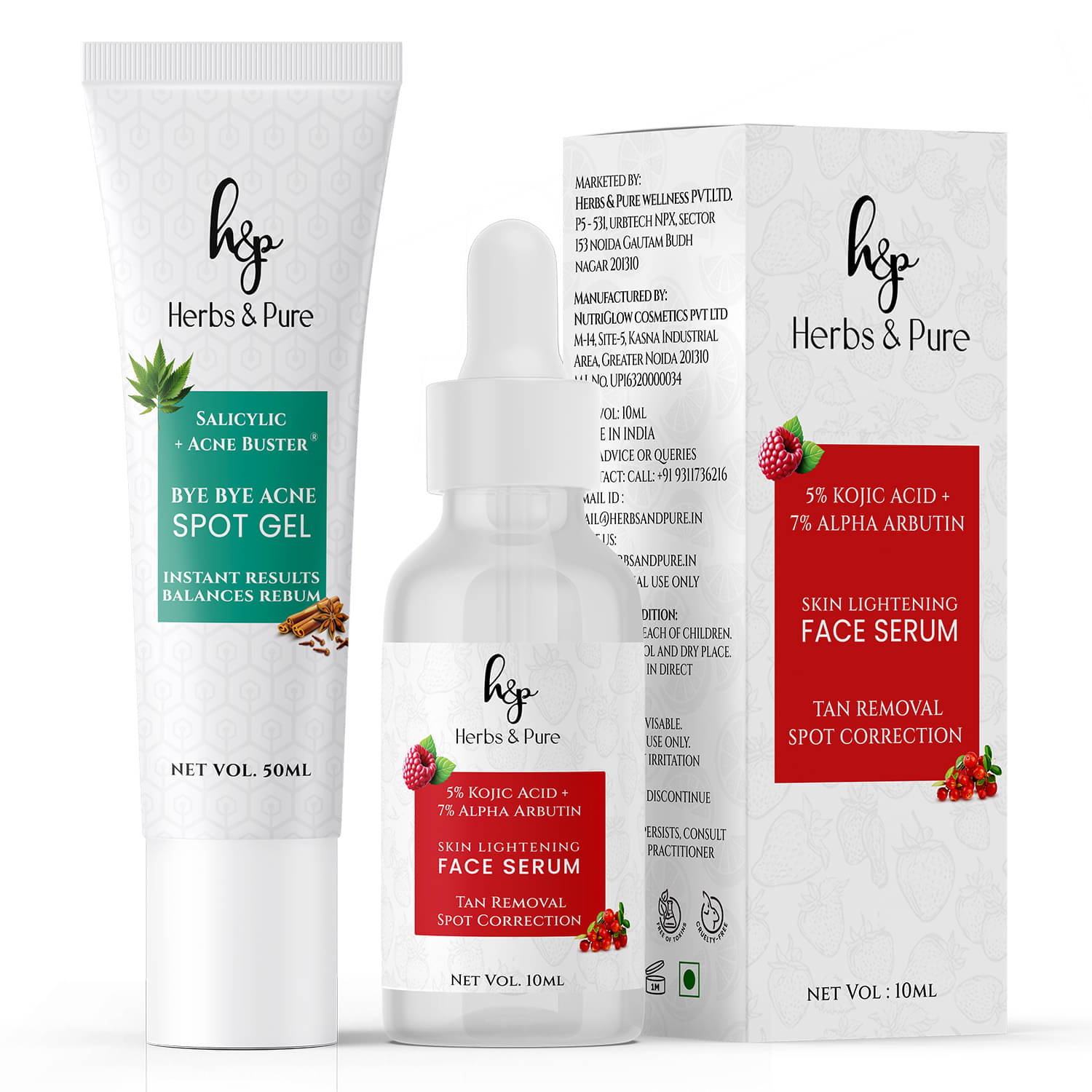     			Herbs and Pure Skincare Combo - Kojic Acid Face Serum and Bye Bye Acne Spot Gel (Pack of 1 of 2 (80ML)