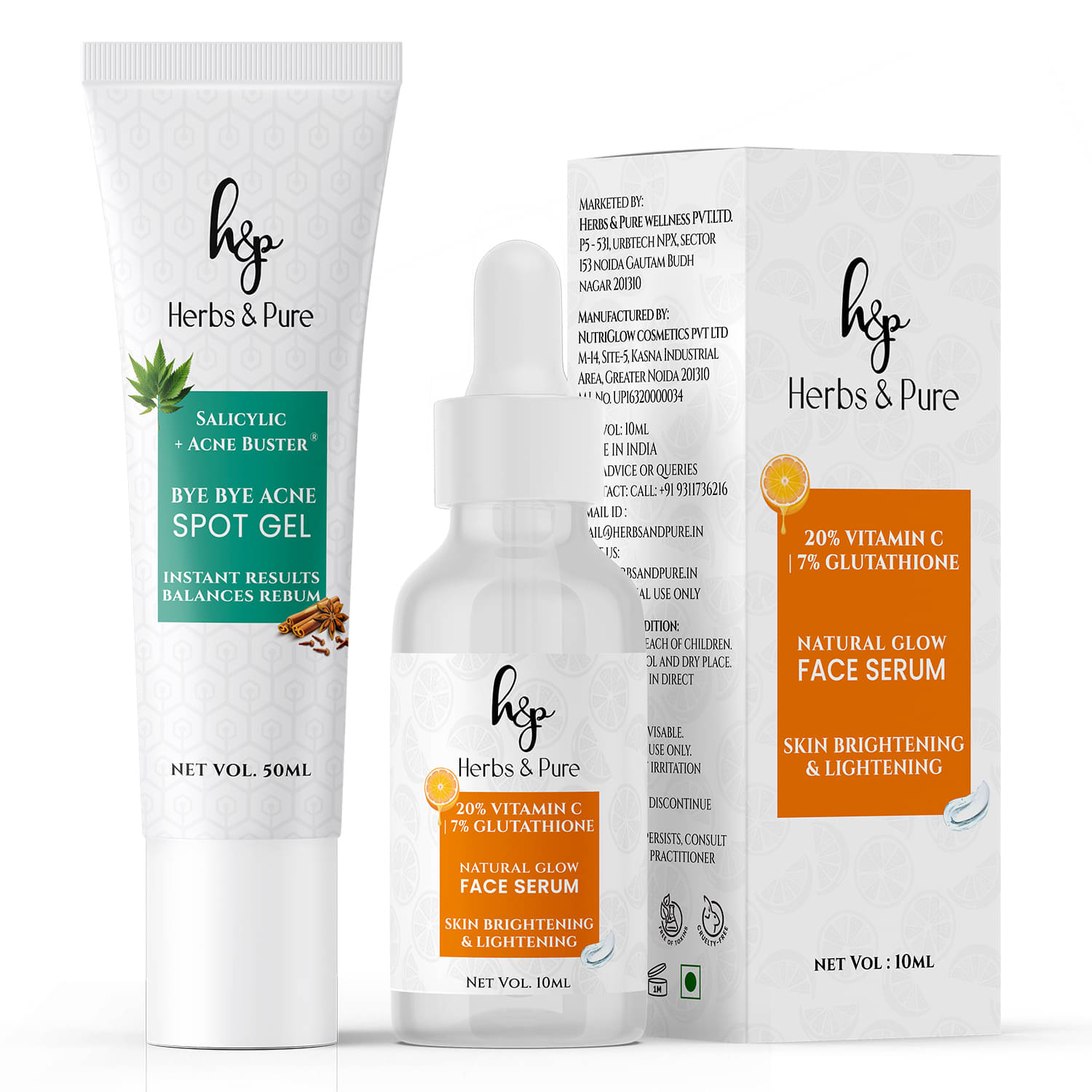     			Herbs and Pure Skincare Combo -Vitamin C Face Serum and Bye Bye Acne Spot Gel (Pack of 1 of 2 (80ML)