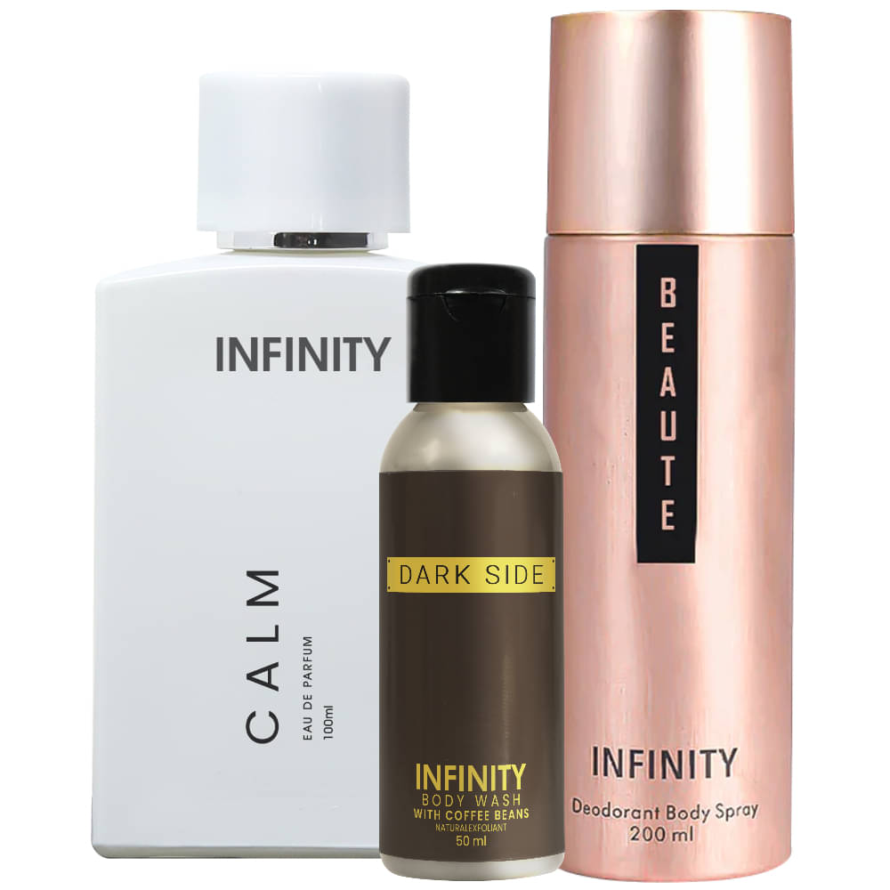     			Infinity Calm EDP Perfume 100ml, Beaute Deo Body Spray 200ml, Dark Side Body Wash 50ml