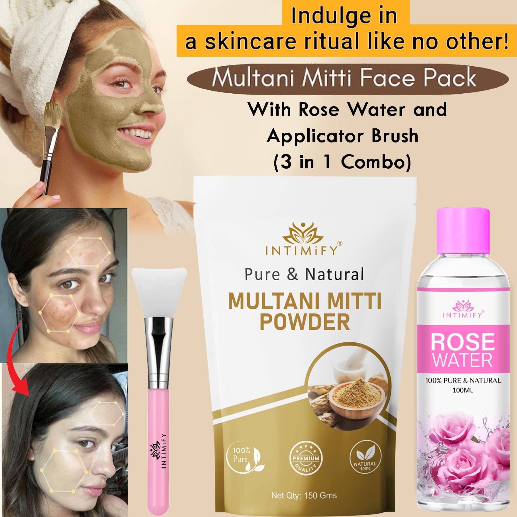 Intimify Multani Mitti Powder, Face Pack With Rose Water And Applicator Brush, 150 Gms Intimify Multani Mitti Powder, Face Pack With Rose Water And Applicator Brush, 150 Gms