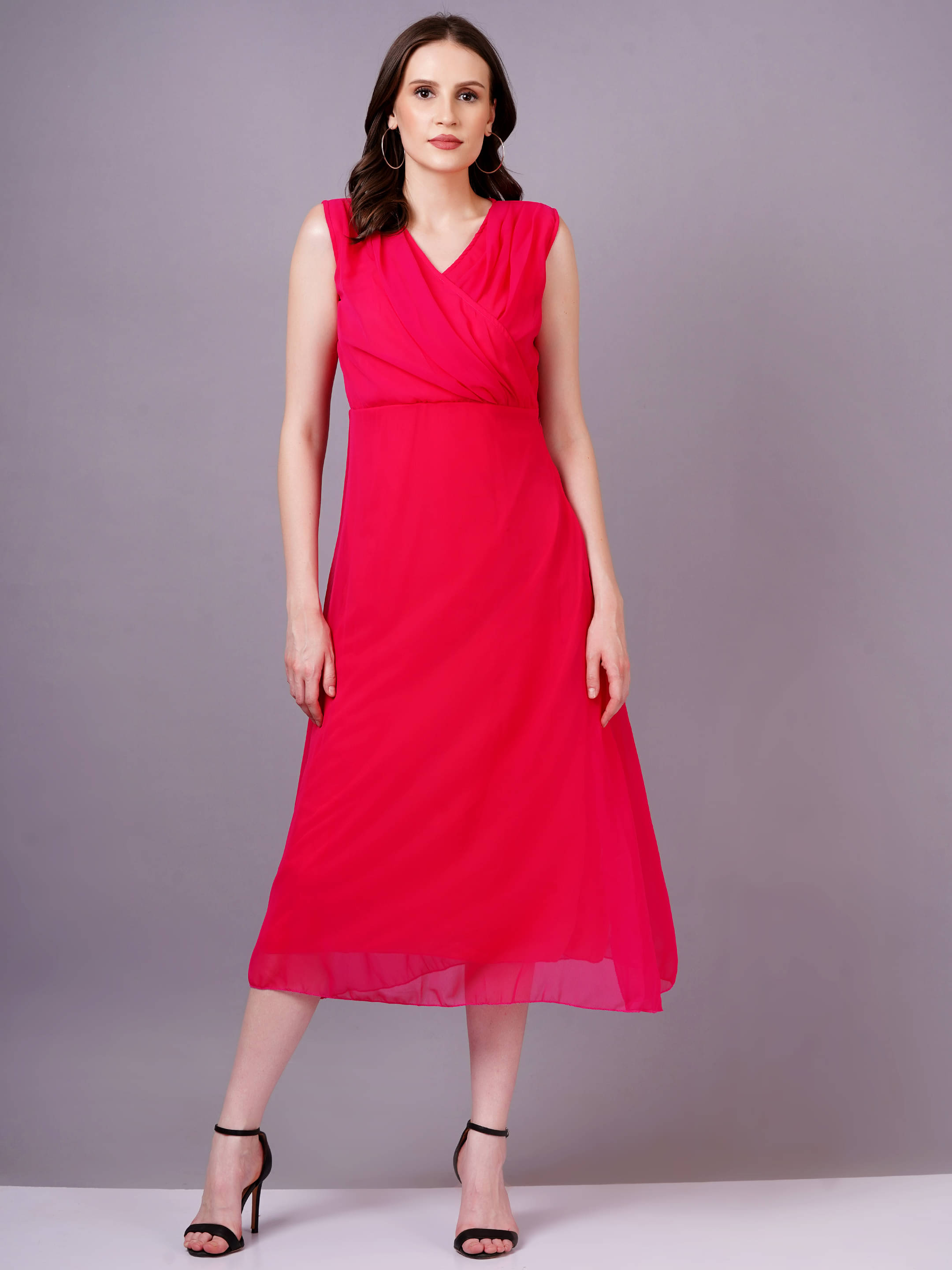 JC4U Women Georgette Solid Fit & Flare Dress ( Red ) JC4U Women Georgette Solid Fit & Flare Dress ( Red )