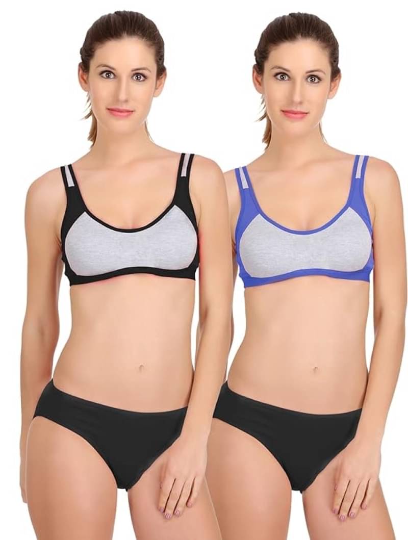     			Kiran Enterprises Pack of 2 Cotton Women's Bra & Panty Set ( Black,Blue )