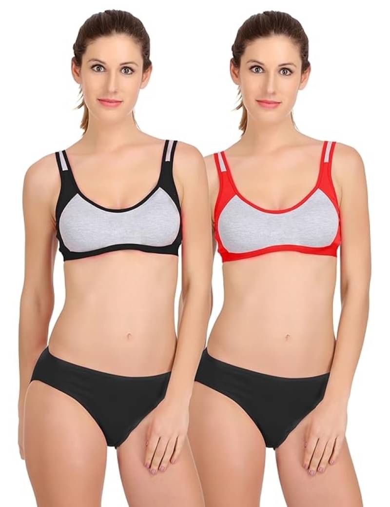 Kiran Enterprises Pack of 2 Cotton Women's Bra & Panty Set ( Black,Red ) Kiran Enterprises Pack of 2 Cotton Women's Bra & Panty Set ( Black,Red )