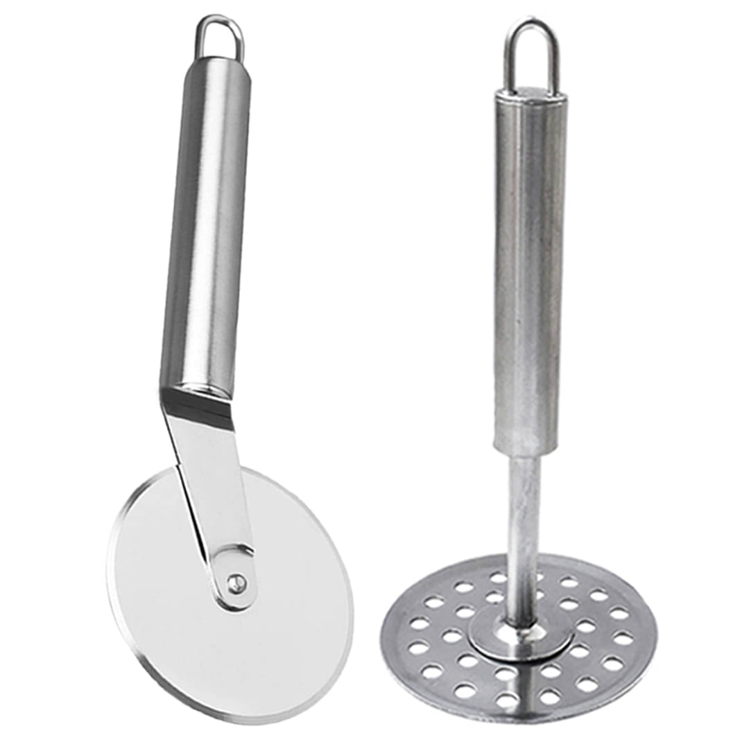    			OC9 Silver Stainless Steel Pizza Cutter+Masher ( Set of 2 )