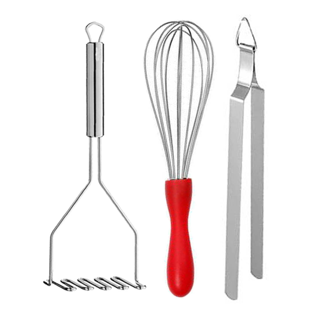     			OC9 Silver Stainless Steel Whisk+Chimta+Masher ( Set of 3 )