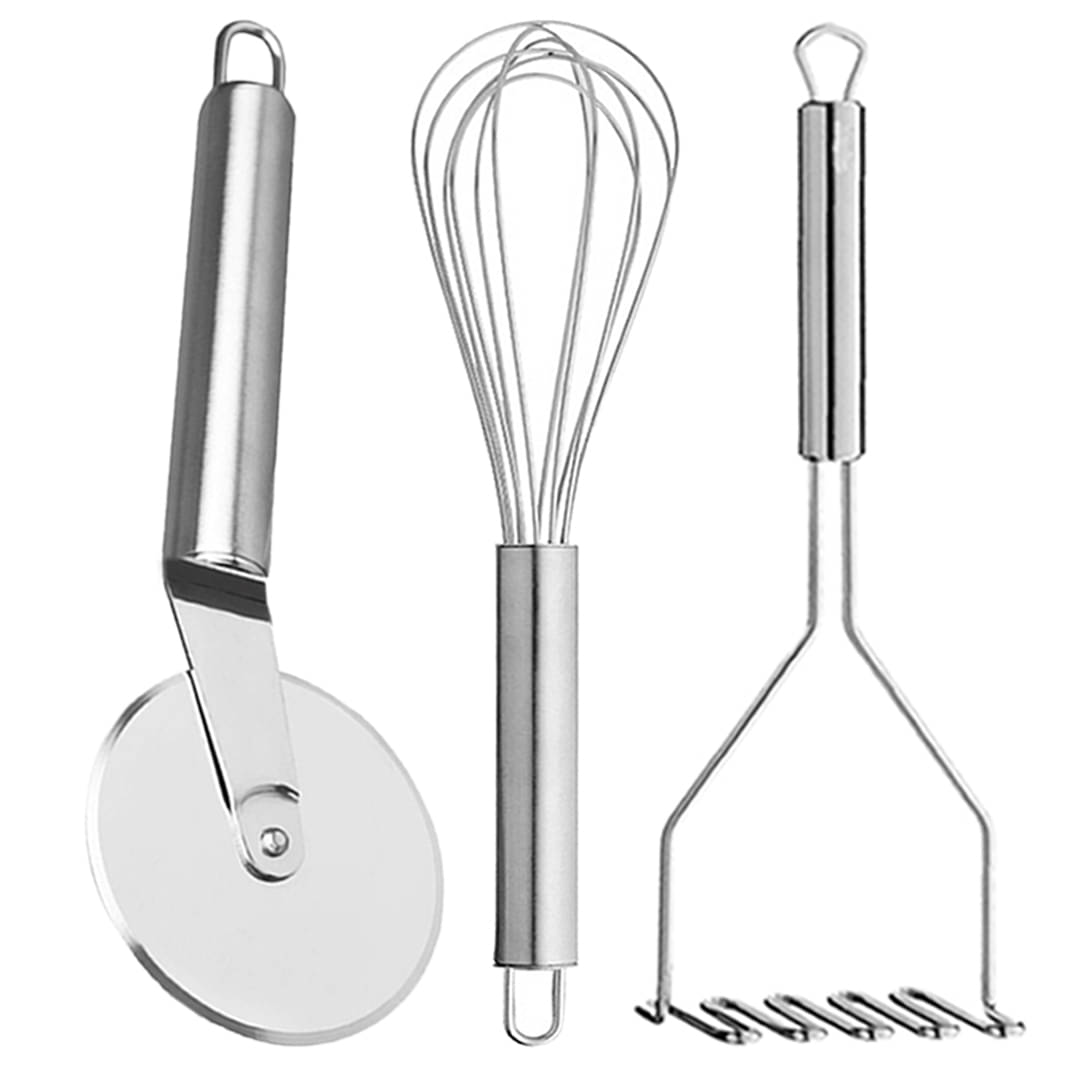    			OC9 Silver Stainless Steel Whisk+Pizza Cutter+Masher ( Set of 3 )