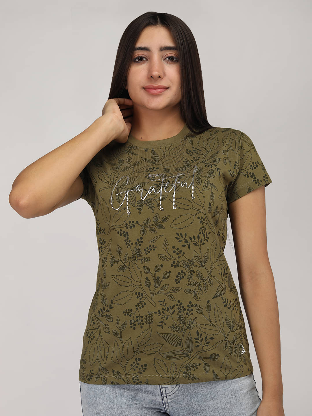PROPERSEVEN Women Cotton Printed Regular Fit Round Neck T-Shirt ( Olive )     			PROPERSEVEN Women Cotton Printed Regular Fit Round Neck T-Shirt ( Olive )