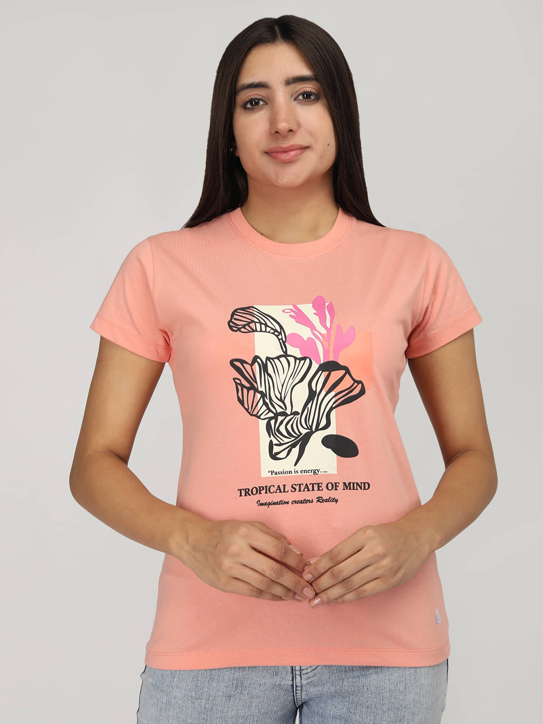     			PROPERSEVEN Women Cotton Printed Regular Fit Round Neck T-Shirt ( Pink )
