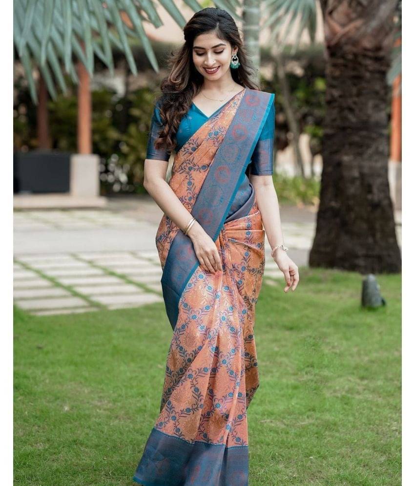 Semone Banarasi Silk Printed Saree With Unstitched Blouse Piece ( Peach ) Semone Banarasi Silk Printed Saree With Unstitched Blouse Piece ( Peach )