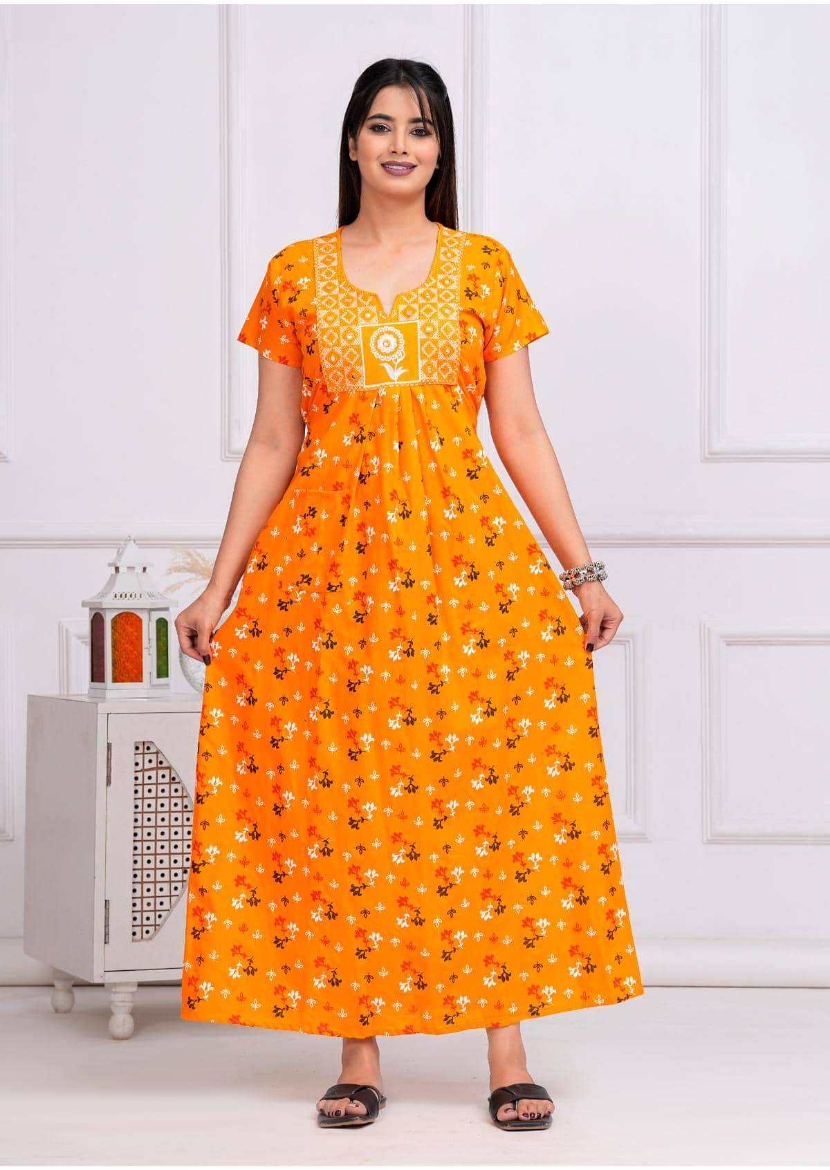 Shri Krishna Fabric Yellow Cotton Women's Nightwear Nighty & Night Gowns ( Pack of 1 ) - Nightwear & Loungewear | Buy online on ZillyBuy