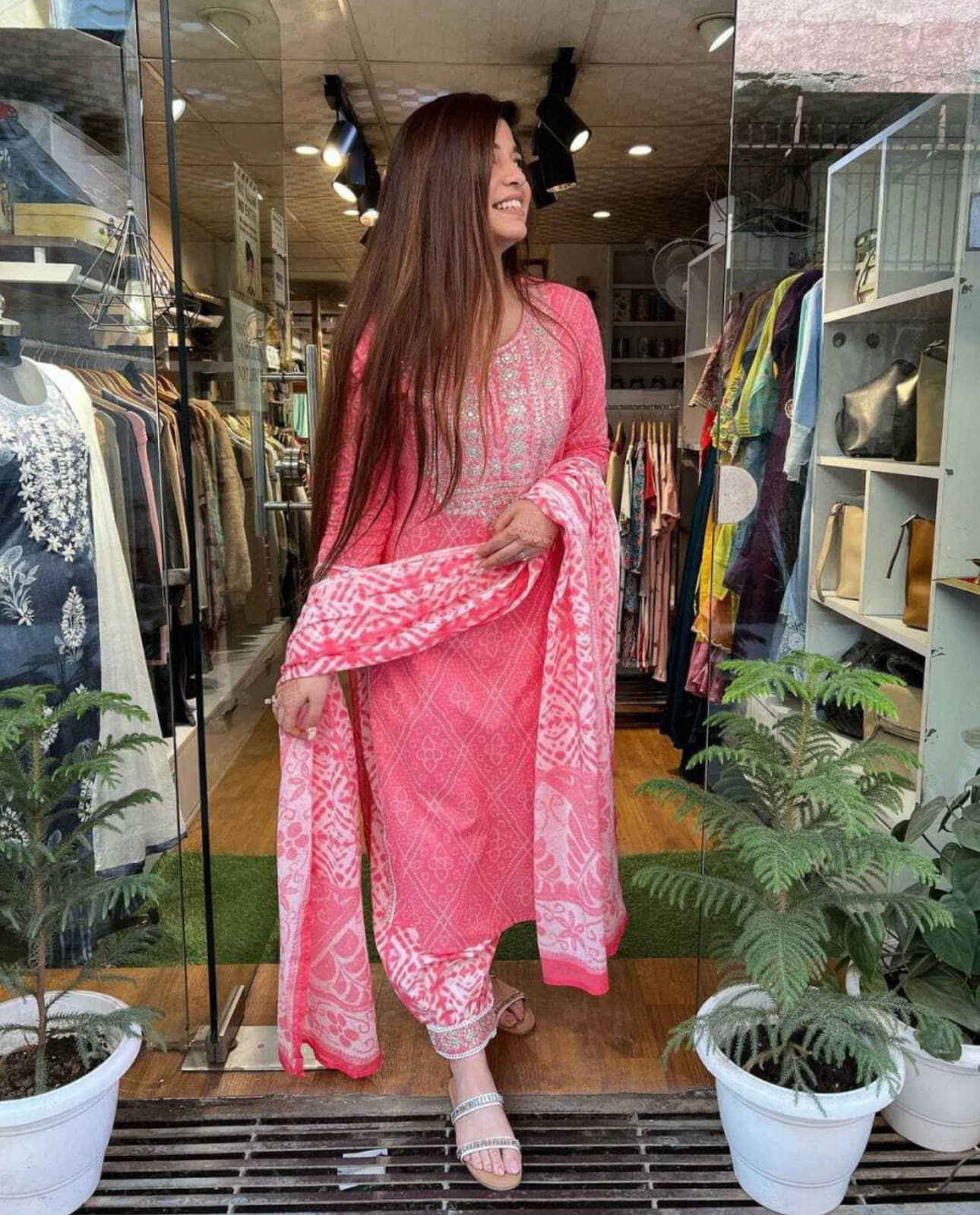TRAHIMAM Rayon Embroidered Kurti With Palazzo Women's Stitched Salwar Suit - Pink ( Pack of 1 )