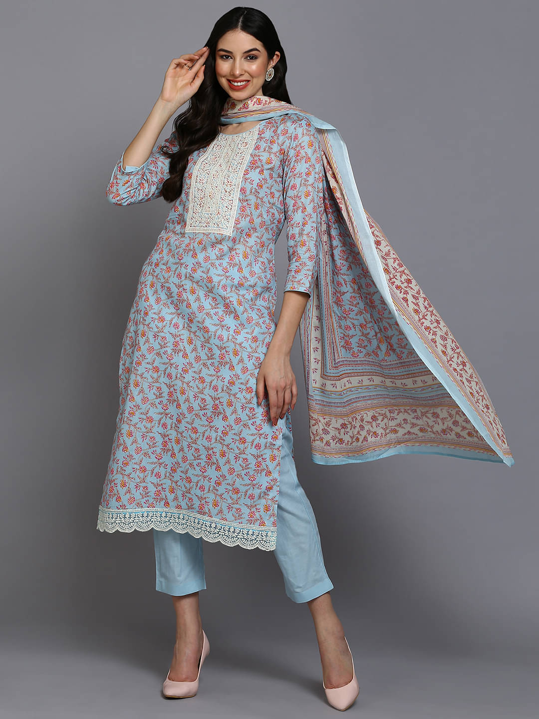 Vaamsi Cotton Blend Printed Kurti With Pants Women's Stitched Salwar Suit - Blue ( Pack of 1 )     			Vaamsi Cotton Blend Printed Kurti With Pants Women's Stitched Salwar Suit - Blue ( Pack of 1 )