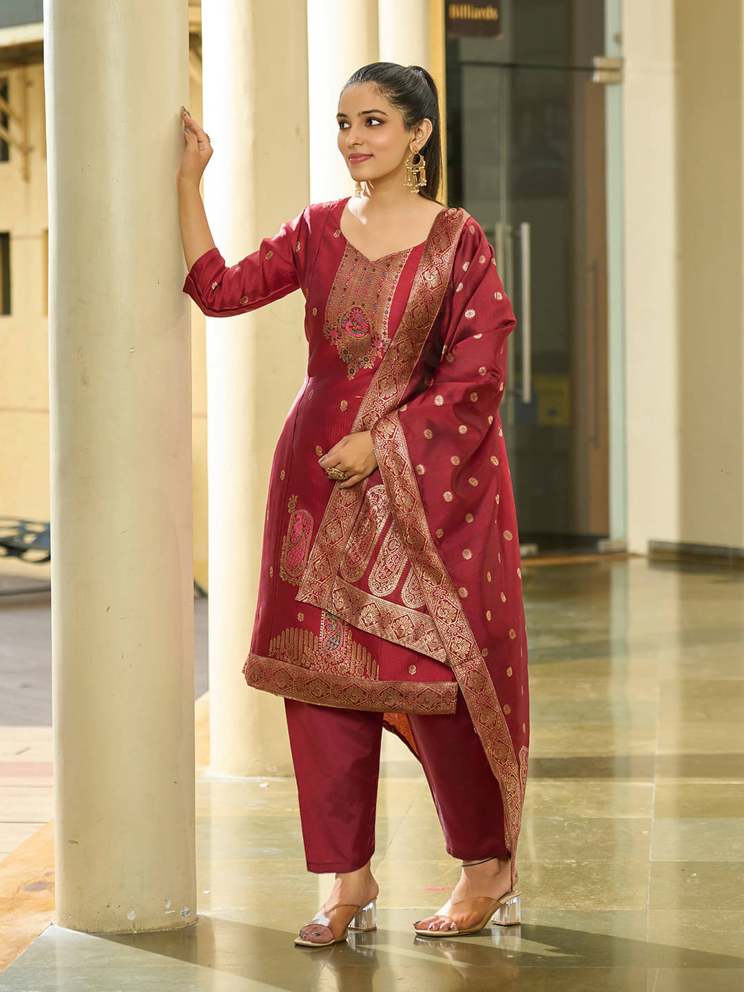kedar fab Banarasi Embellished Kurti With Pants Women's Stitched Salwar Suit - Maroon ( Pack of 1 ) kedar fab Banarasi Embellished Kurti With Pants Women's Stitched Salwar Suit - Maroon ( Pack of 1 )