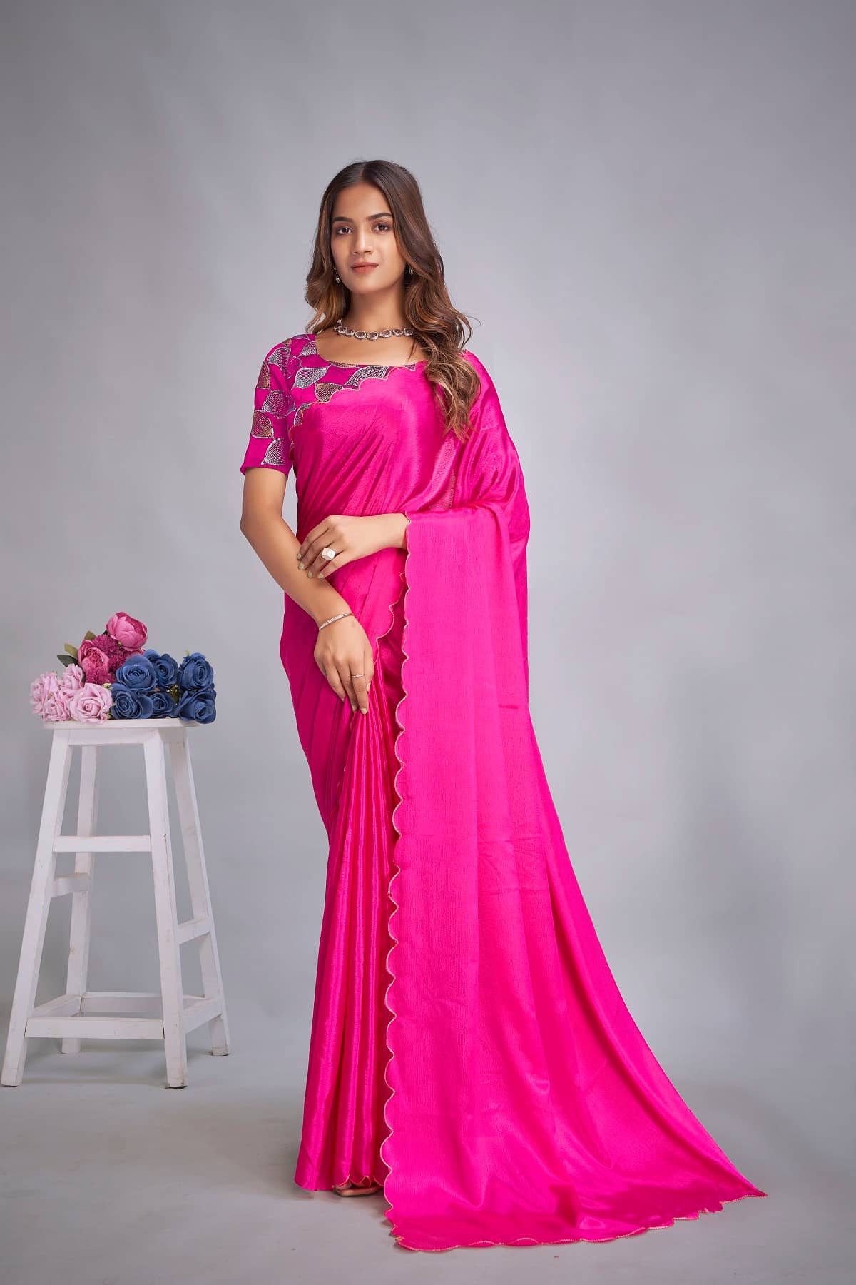 Apnisha Chiffon Embellished Saree With Unstitched Blouse Piece ( Pink ) - Sarees | Buy online on ZillyBuy
