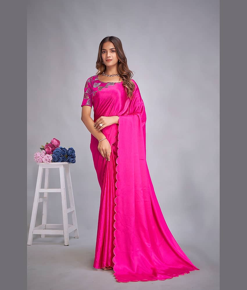 Apnisha Chiffon Embellished Saree With Unstitched Blouse Piece ( Pink ) - Sarees | Buy online on ZillyBuy