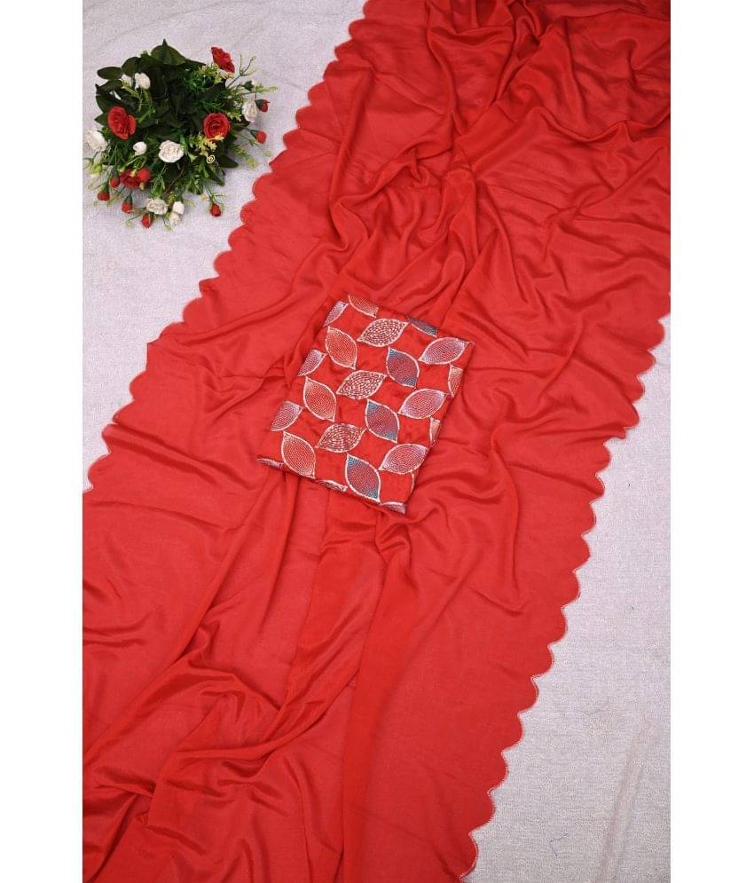     			JULEE Chiffon Embellished Saree With Unstitched Blouse Piece ( Red )