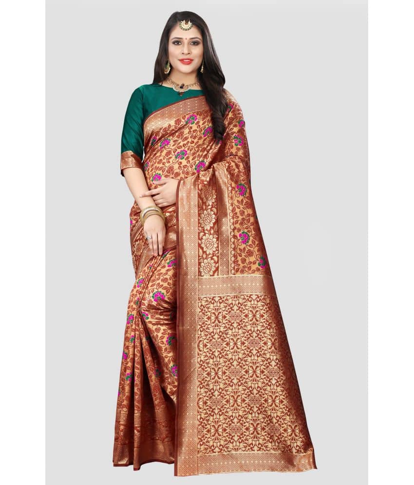 Om Shantam Sarees Banarasi Silk Woven Saree With Unstitched Blouse Piece ( Red ) - Sarees | Buy online on ZillyBuy