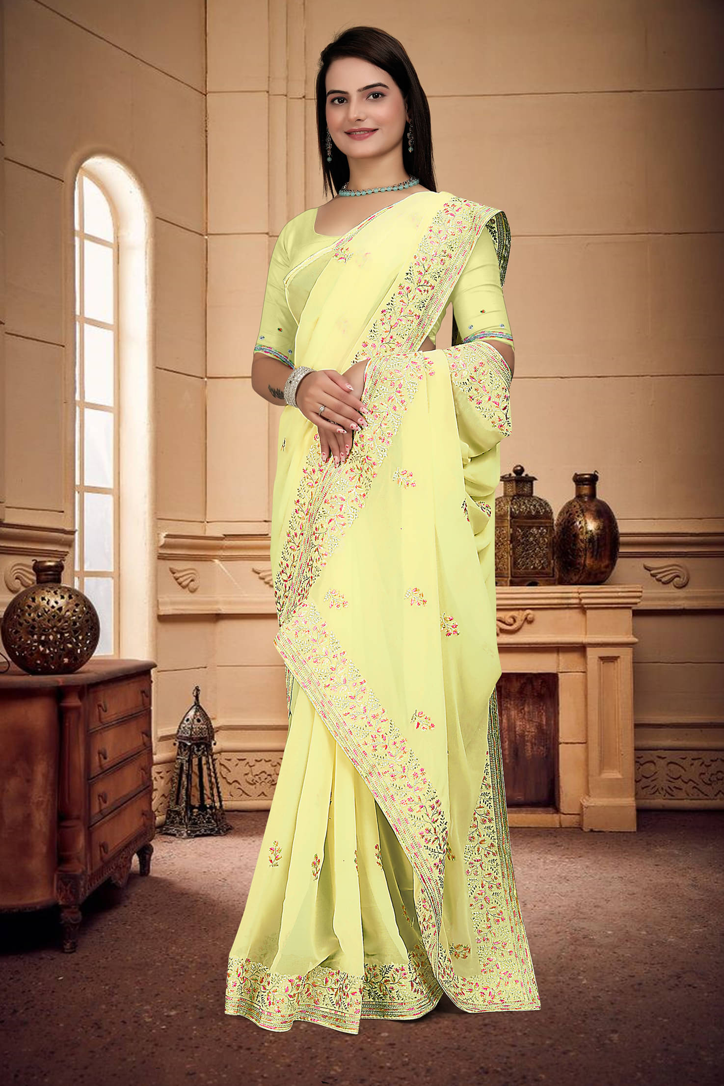 Om Shantam Sarees Georgette Embroidered Saree With Unstitched Blouse Piece ( Yellow ) Om Shantam Sarees Georgette Embroidered Saree With Unstitched Blouse Piece ( Yellow )