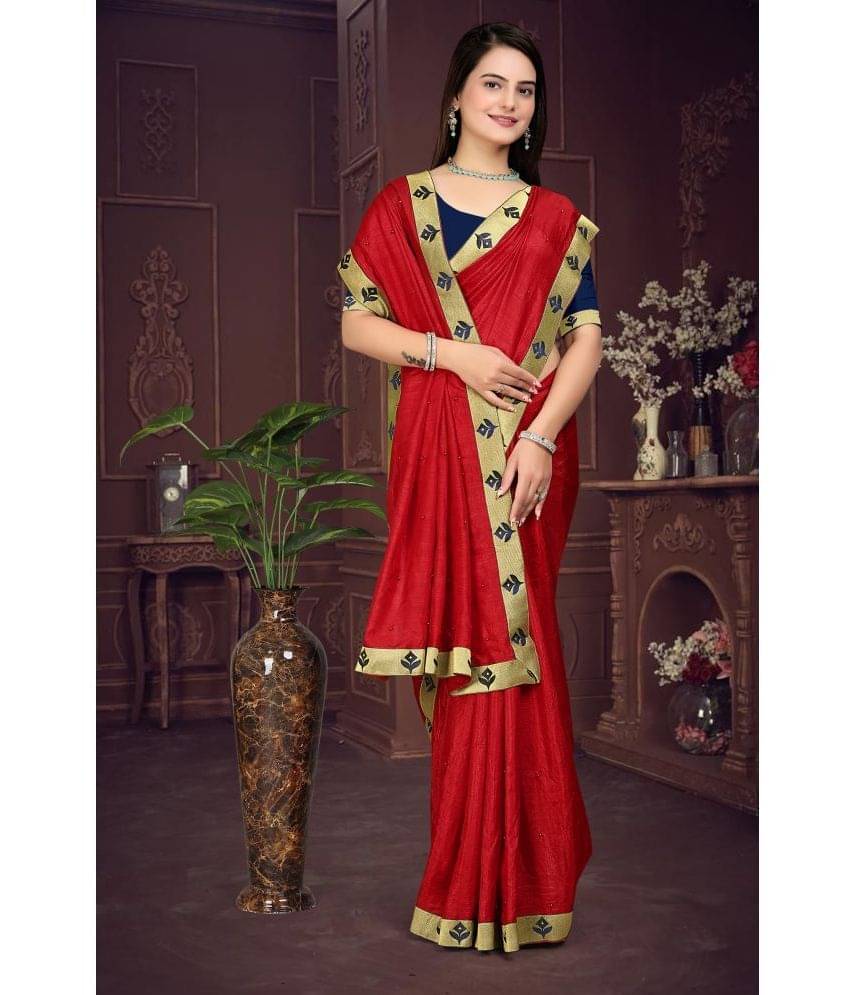     			Om Shantam Sarees Silk Blend Solid Saree With Unstitched Blouse Piece ( Red )