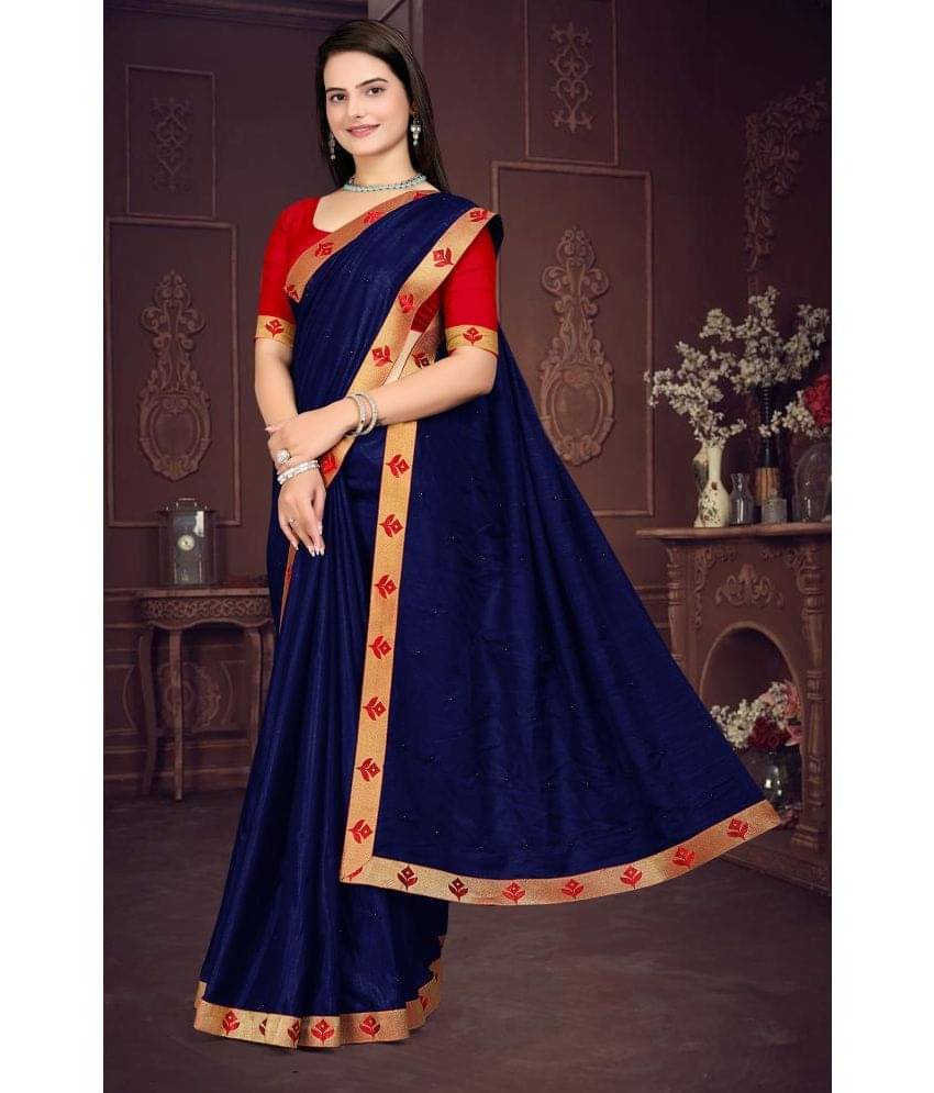     			Om Shantam Sarees Silk Blend Solid Saree With Unstitched Blouse Piece ( Navy Blue )
