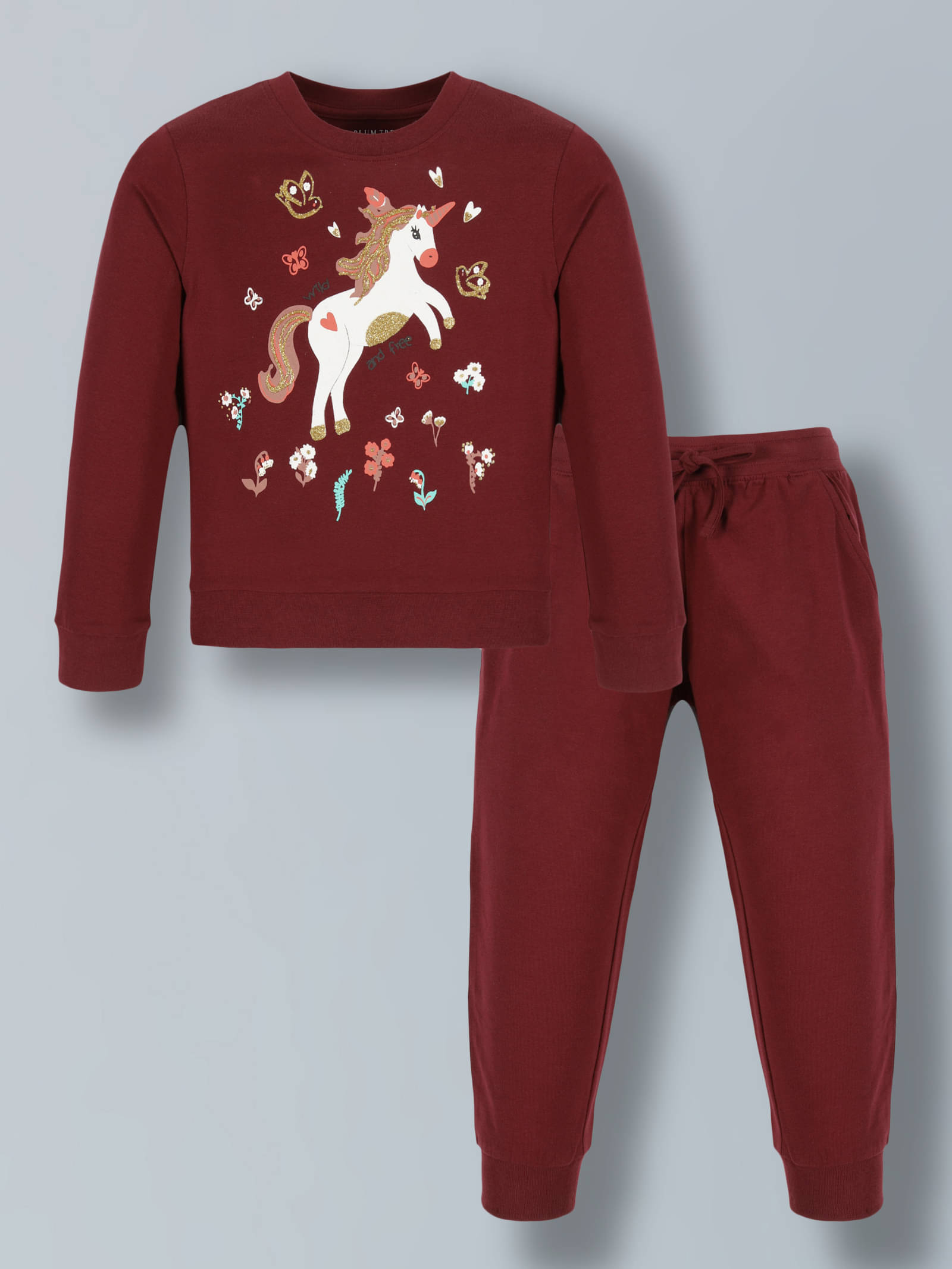     			PLUM TREE Pack of 1 Girls Cotton Sweatshirt With Joggers ( Burgundy )