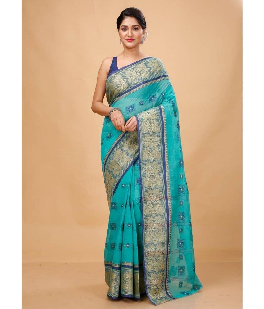 Puspika Cotton Woven Saree Without Blouse Piece ( Turquoise ) Puspika Cotton Woven Saree Without Blouse Piece ( Turquoise )