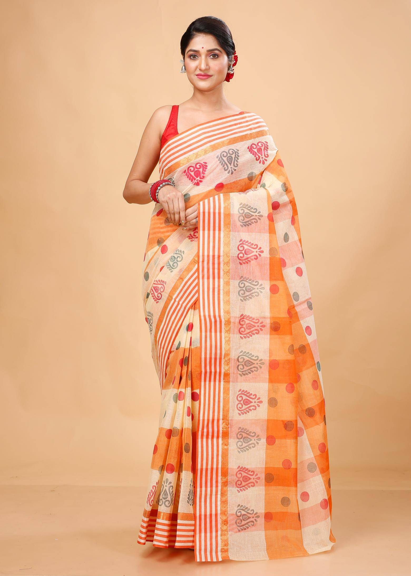 Puspika Cotton Woven Saree Without Blouse Piece ( Orange ) Puspika Cotton Woven Saree Without Blouse Piece ( Orange )