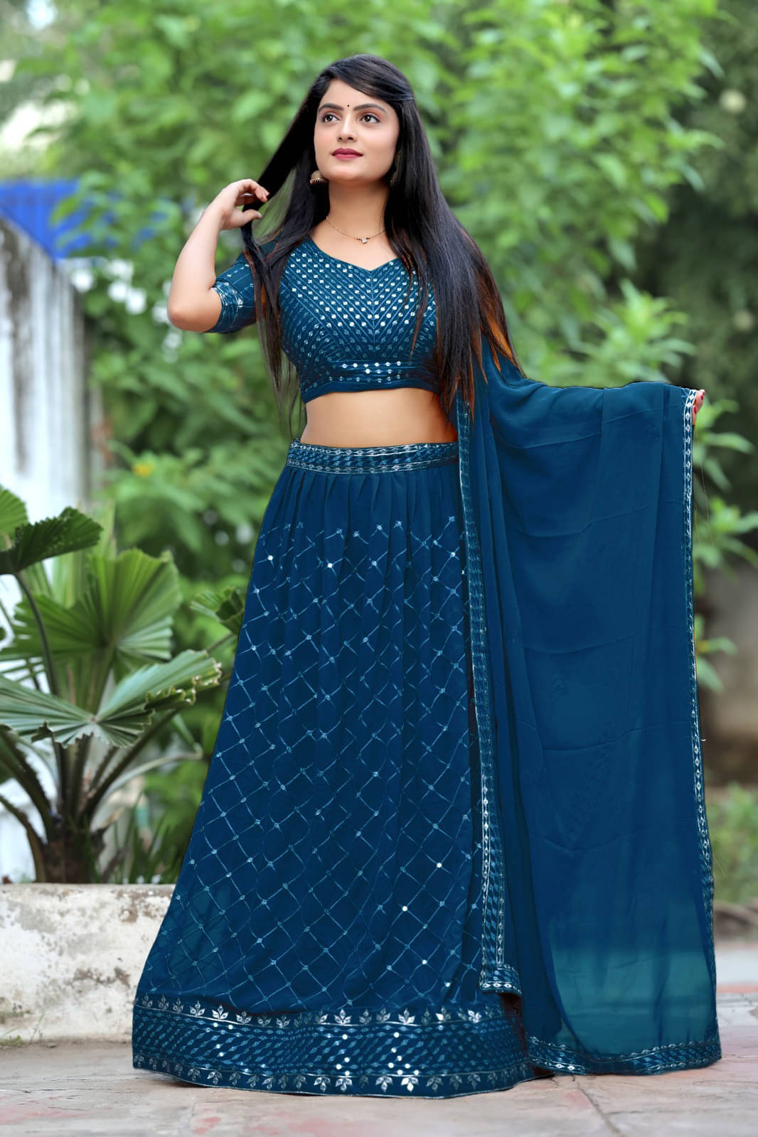     			kedar fab Blue Georgette Circular Semi Stitched Lehenga Single