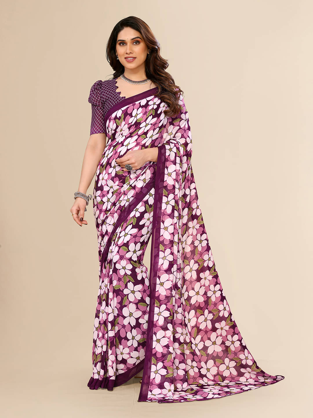 ANAND SAREES Georgette Printed Saree With Unstitched Blouse Piece ( Purple ) ANAND SAREES Georgette Printed Saree With Unstitched Blouse Piece ( Purple )