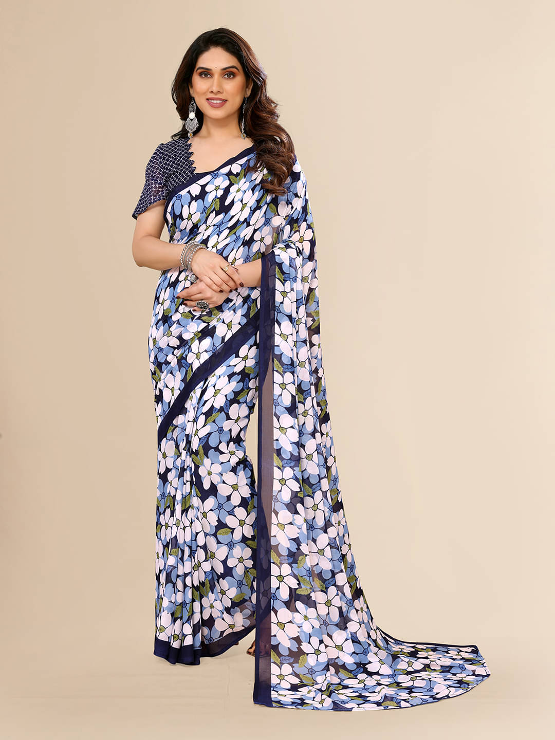     			ANAND SAREES Georgette Printed Saree With Unstitched Blouse Piece ( Blue )