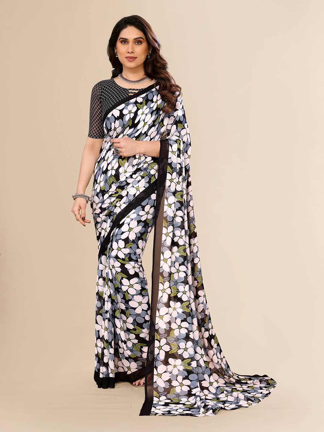 ANAND SAREES Georgette Printed Saree With Unstitched Blouse Piece ( Black ) ANAND SAREES Georgette Printed Saree With Unstitched Blouse Piece ( Black )