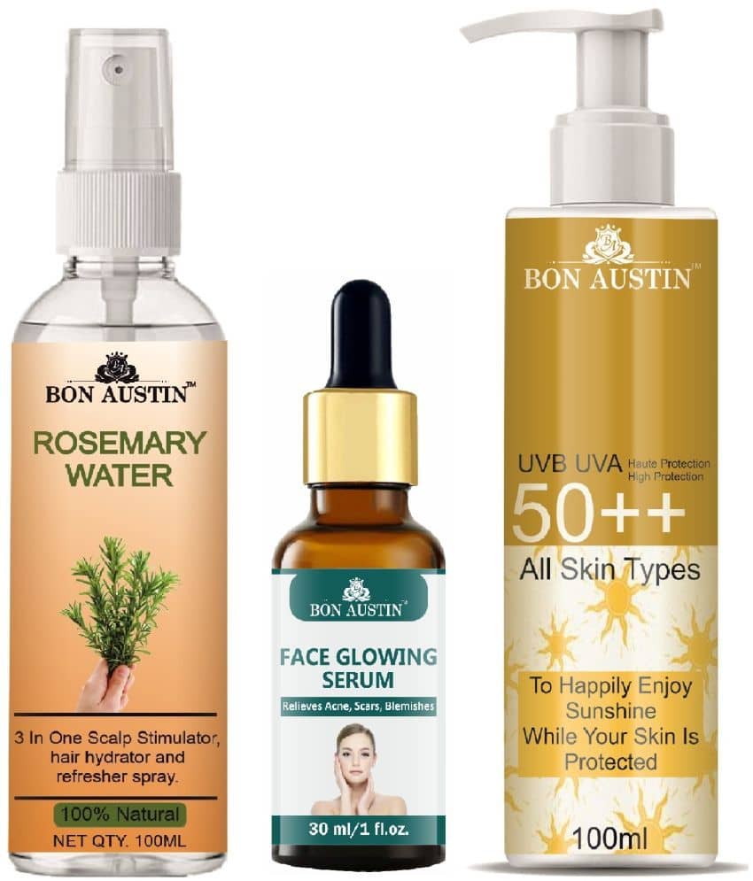 Bon Austin Rosemary Water | Hair Spray For Regrowth | Hair Growth Expert 100ml, Face Glowing Serum 30ML & UVA & UVB Protection Sunscreen 100ml  - Set of 3 Items