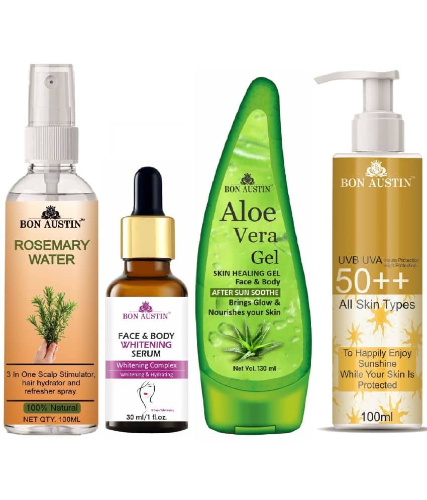 Bon Austin Rosemary Water | Hair Spray For Regrowth | Hair Growth Expert 100ml, Face and Body Whitening Serum 30ML, UVA & UVB Protection Sunscreen 100ml & Multipurpose Aloe Vera Gel 130ml - Set of 4 Items