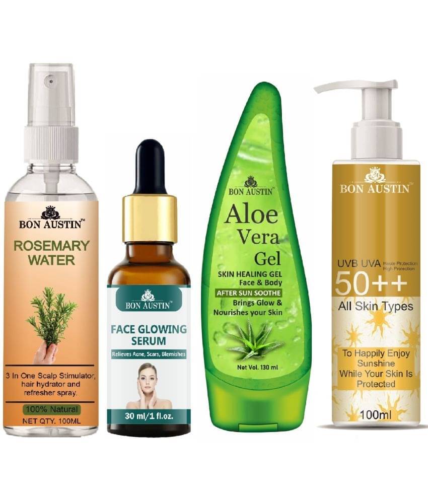 Bon Austin Rosemary Water | Hair Spray For Regrowth | Hair Growth Expert 100ml, Face Glowing Serum 30ML, UVA & UVB Protection Sunscreen 100ml & Multipurpose Aloe Vera Gel 130ml - Set of 4 Items Bon Austin Rosemary Water | Hair Spray For Regrowth | Hair Growth Expert 100ml, Face Glowing Serum 30ML, UVA & UVB Protection Sunscreen 100ml & Multipurpose Aloe Vera Gel 130ml - Set of 4 Items