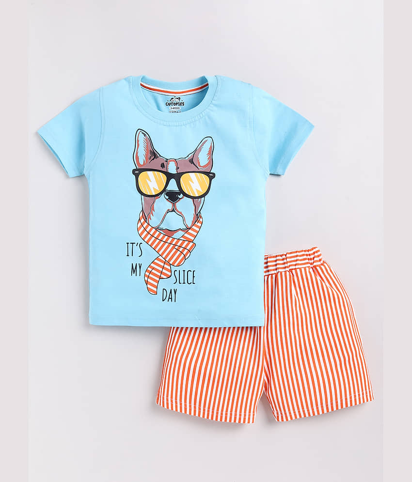 CUTOPIES Pack of 1 Boys Cotton T-Shirt & Shorts Set ( Light Blue )