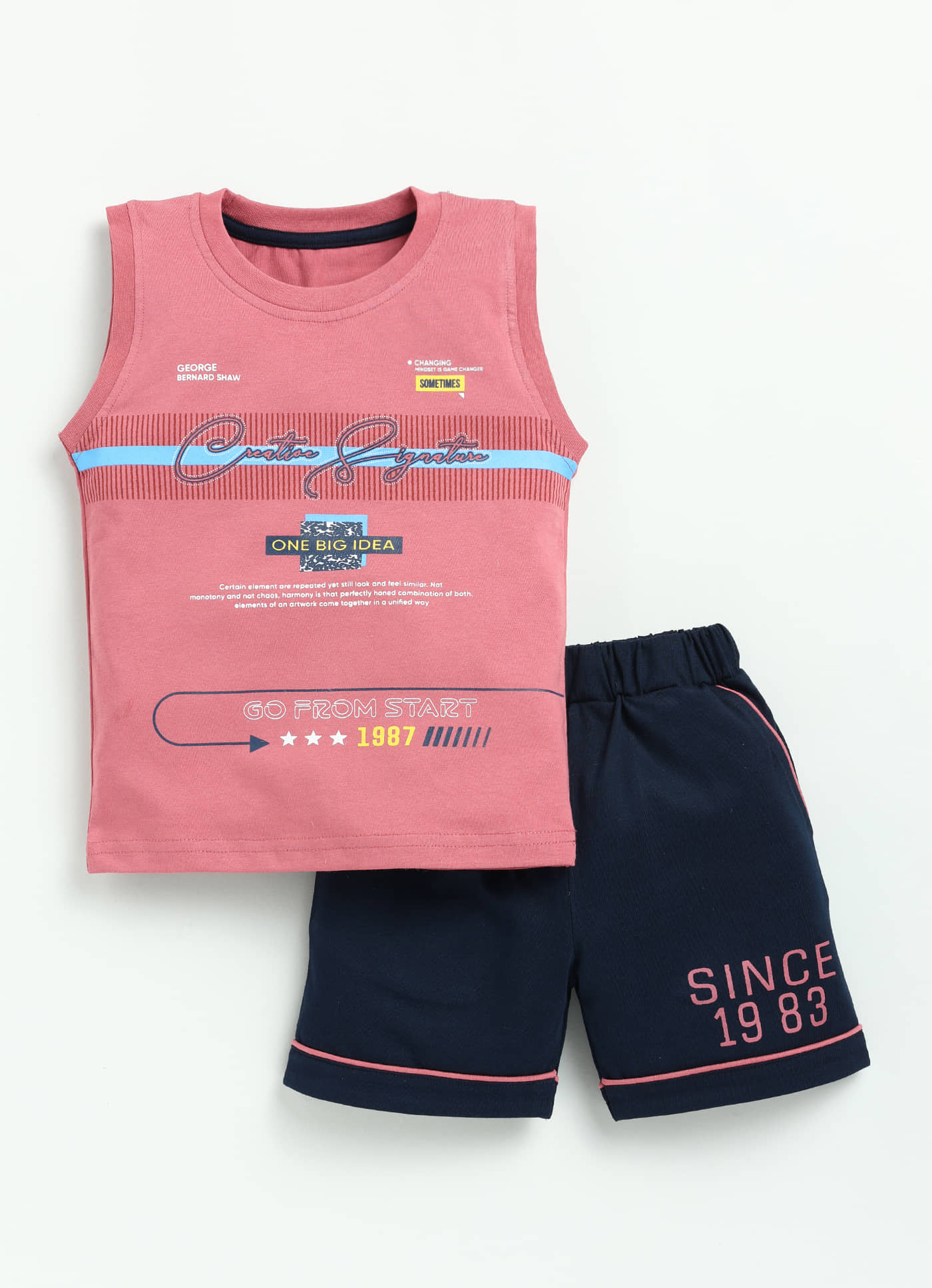 CUTOPIES Pack of 1 Boys Cotton T-Shirt & Shorts Set ( Rose Gold )