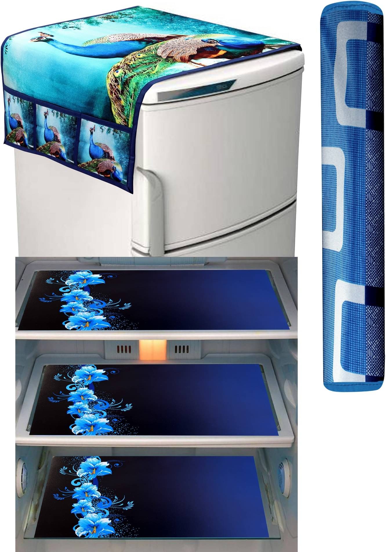     			Crosmo Polyester Abstract Fridge Mat & Cover ( 99 53 ) Pack of 5 - Blue